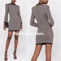 high end 11 branded luxury dresses for women long sleeve bodycon geometric jacquard o neck stretch knitted elegant woman dress