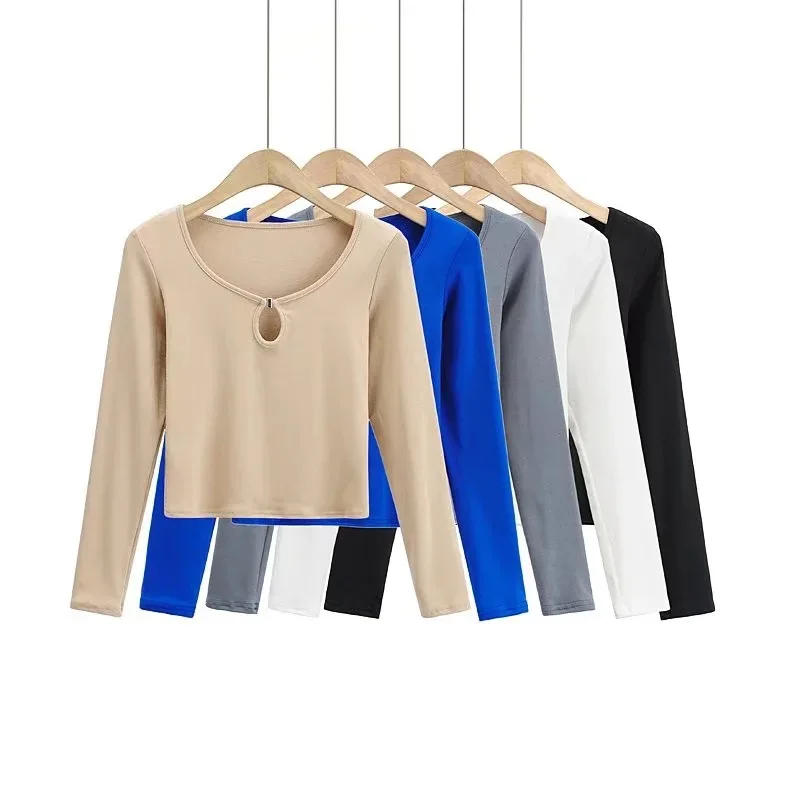 

TRAF 2022 T-Shirt Women Long Sleeve Elastic Hollow Top Spring Autumn Female Clothes Fashion Top Tee Lady O-neck Crop Tops