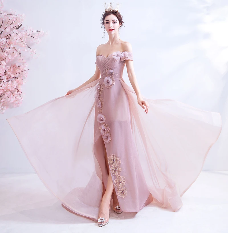 Женское вечернее платье SSYFashion розовое кружевное с вырезом лодочкой и цветочным