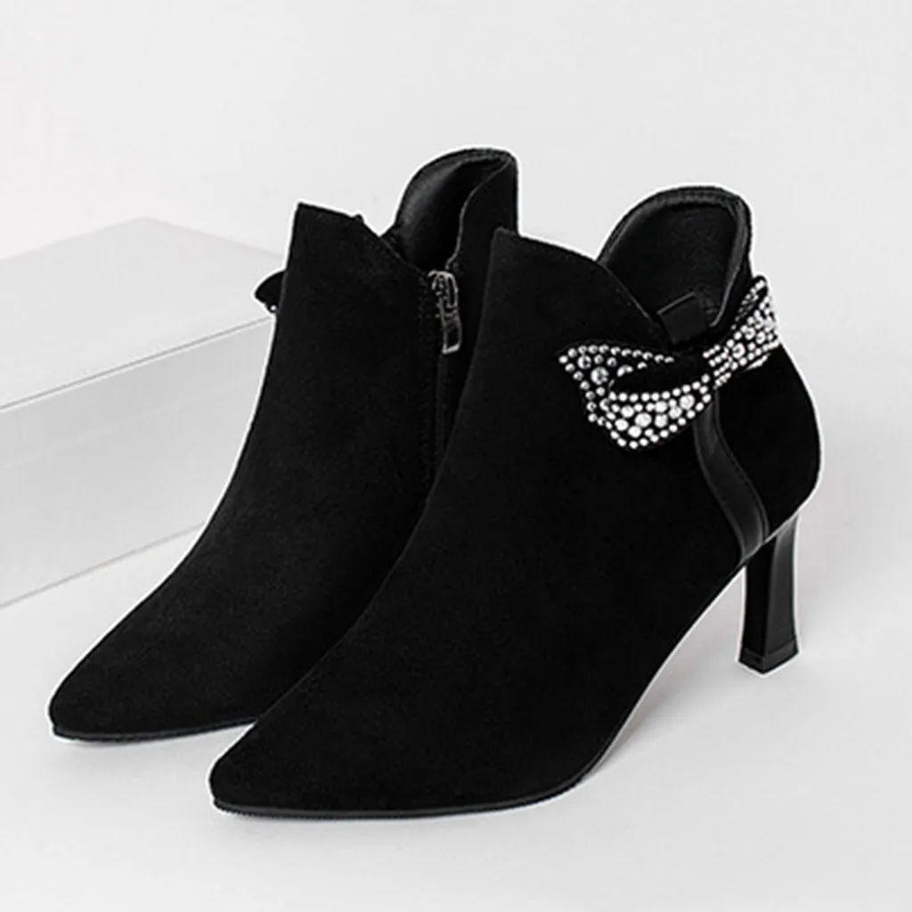 

shoes woman fashion boots Women's Crystal Bow Knot Thin Heels Elegant Warm Ankle Sexy Office Ladies Boots