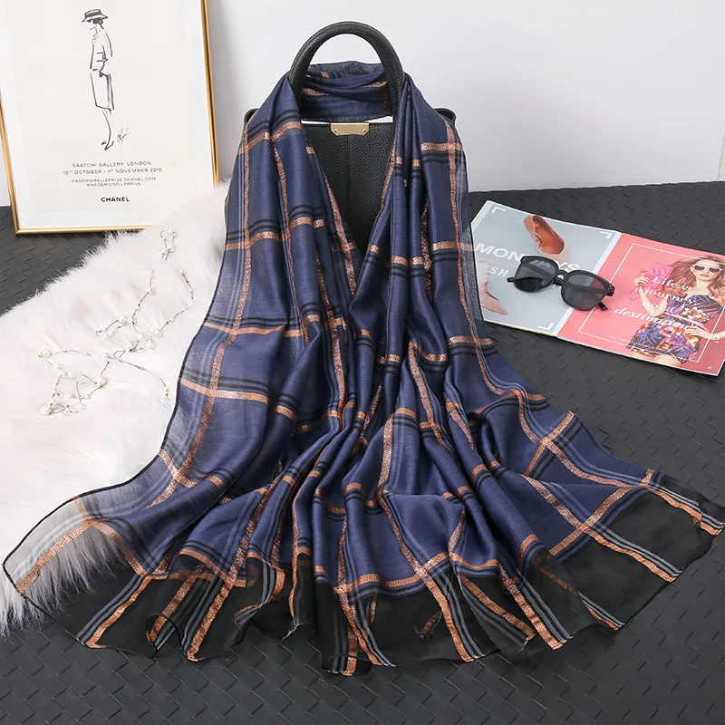 

2021 New Early Spring British Plaid Silk-blend Scarf Female Temperament Gold Silver Dual-use Shawl Warm Decorative Silk Scarf