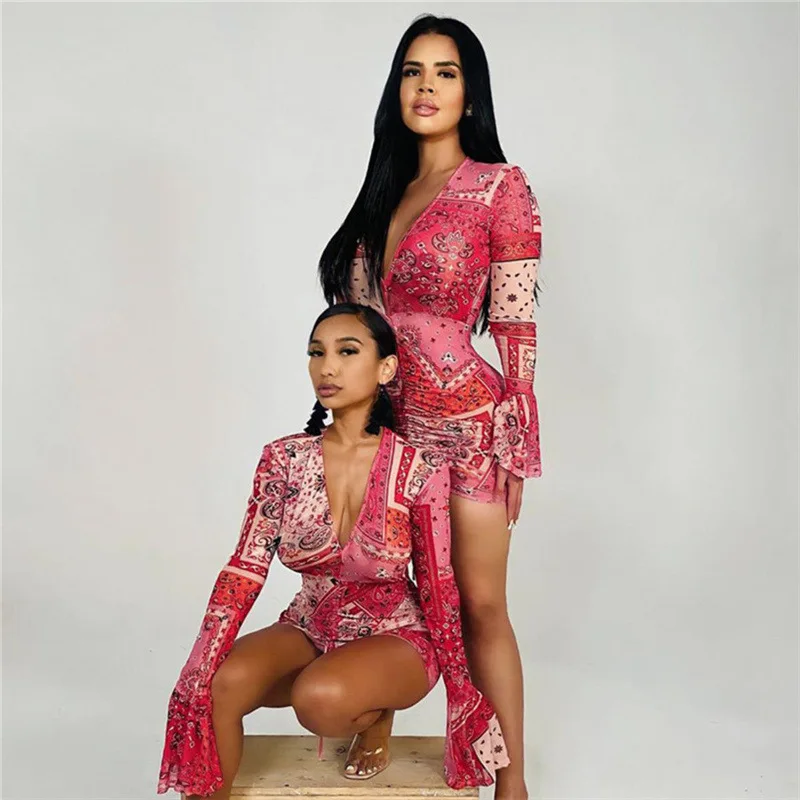 

Sexy Printing Dresses for Women 2021 Deep V-Neck Flared Sleeves Vintage Mini Dress Bodycon Adjustable Straps Low-Cut Party Robes