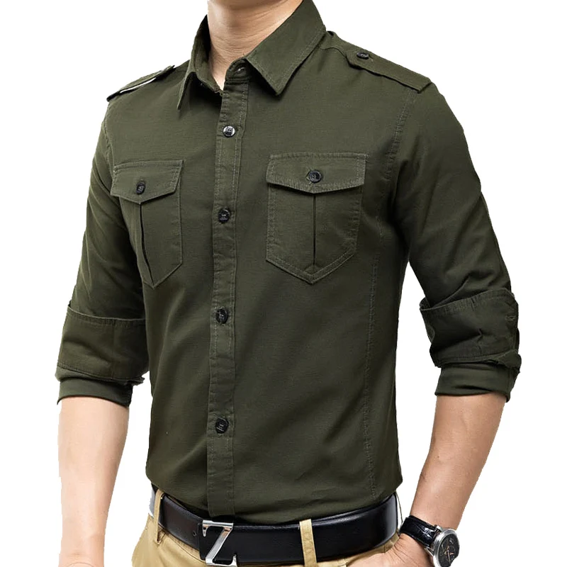 

New Arrivals Military Vintage Slim Fit Long Sleeve Shirt Causaul Shirts Yellow Army Green