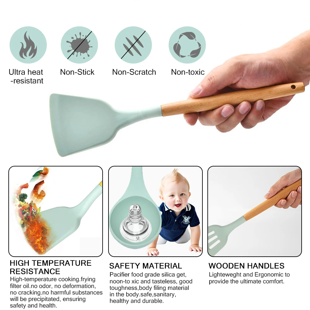 

13Pcs/set Silicone Cooking Utensils Set Wooden Handle Non-stick Spatula Shovel Cooking Tools Set With Storage Box Kitchen Tools