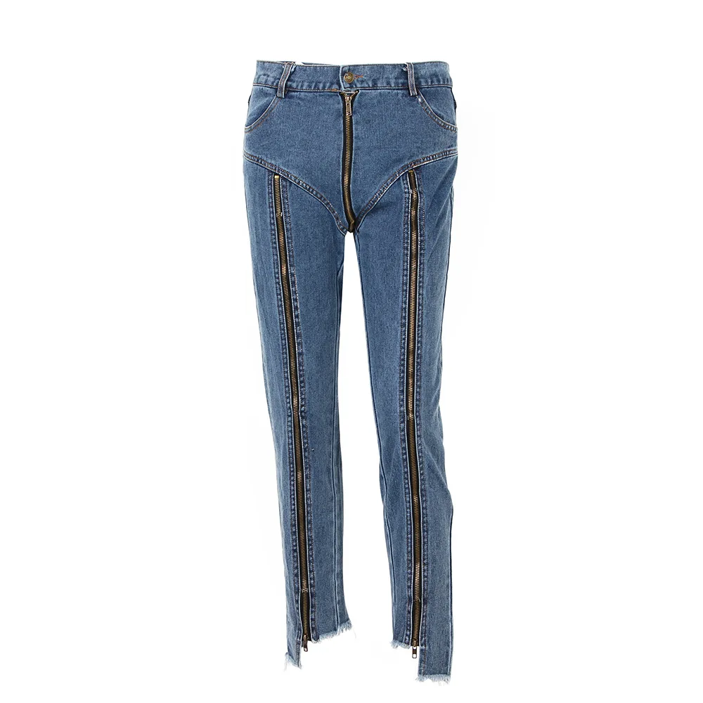 

New Korean version of East Gate Port Wind High Waist Zipper Design burr slim foot nine point jeans women