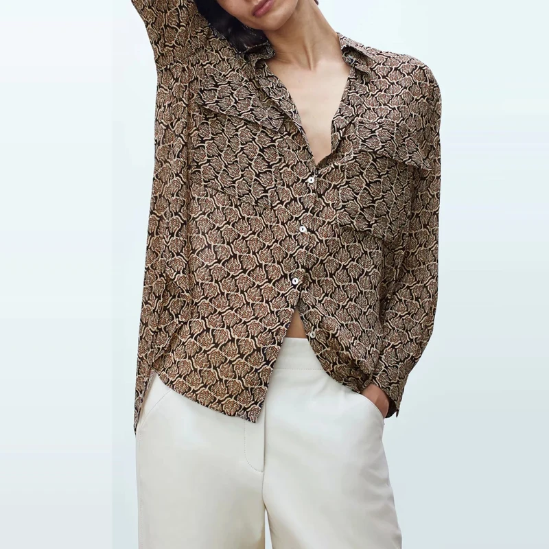 

TRAF Za 2021 Print Long Shirt Women Button Up Oversize Shirt Woman Vintage Long Sleeve Top Korean Style Asymmetric Baggy Shirts