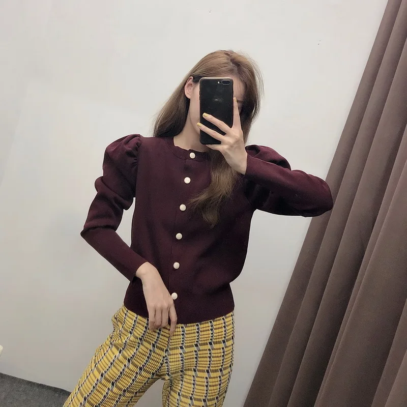 Chic Women Sweater Autumn 2019 New Fashion V-Neck Full Puff Sleeve Modern Lady Cardigans Tops |
