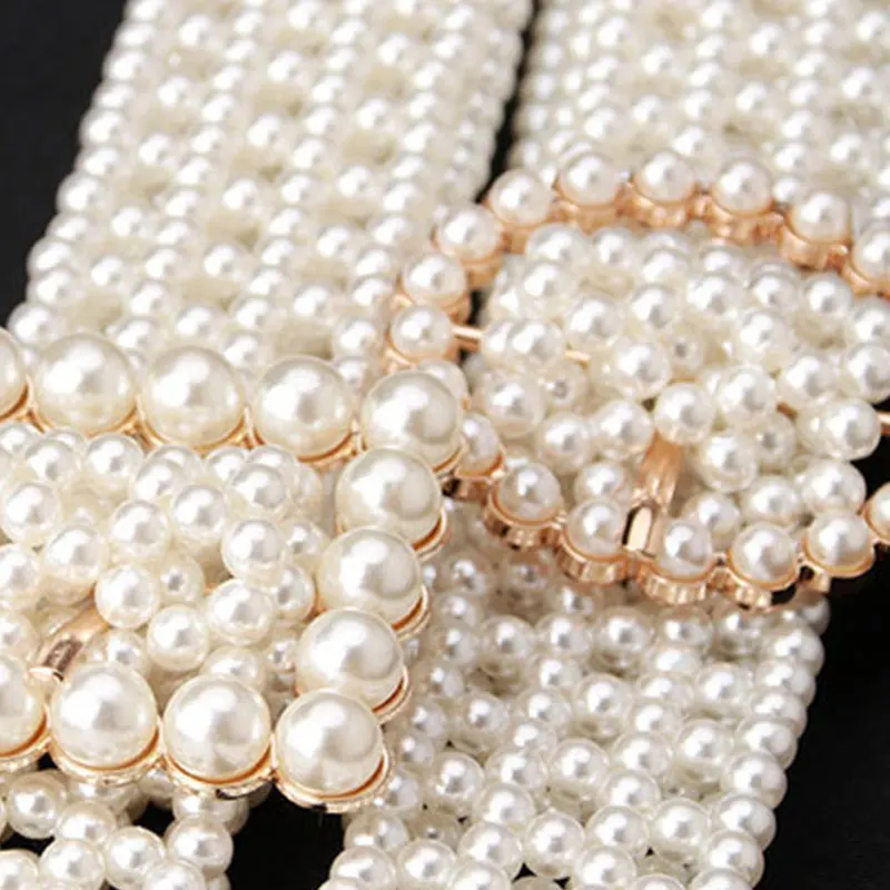 

Korean Elegant Women Pearl Waist Belt Elastic Buckle Pearl Chain Belt Female Girls Dress Crystal Strap Pearl Elastic Belt Luxury