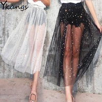 women summer sexy lace star moon sequin high waist skirt korean vintage tulle mesh transparent black white long skirt streetwear
