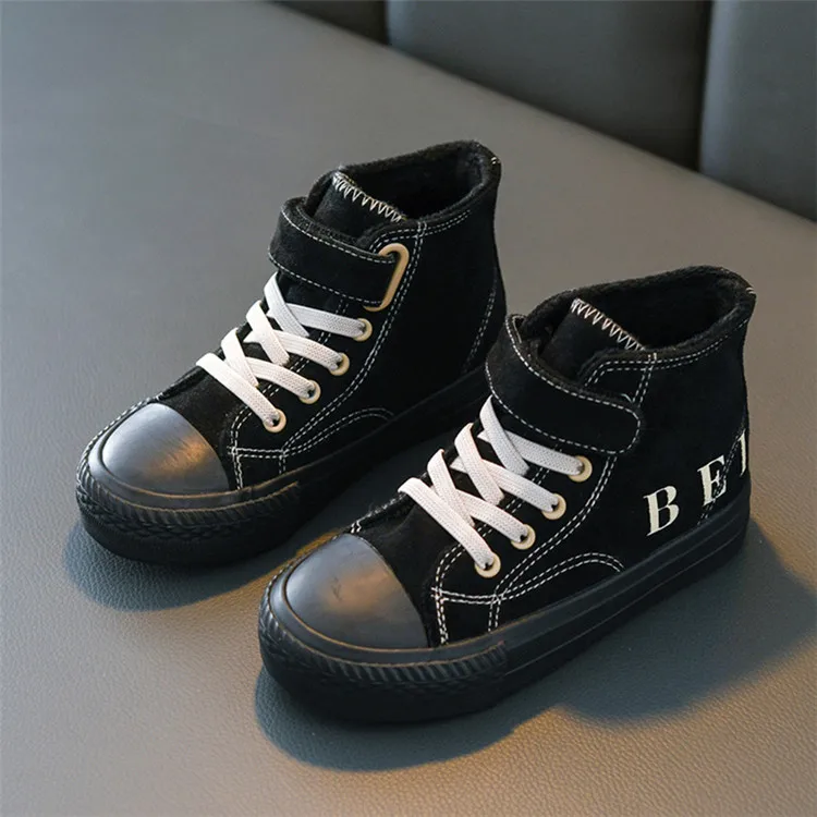 Black with Plush Детские Плюшевые кроссовки зимние ботинки для девочек и мальчиков теплая Нескользящая спортивная обувь модные зимние ботинки - Цвет: Black with Plush