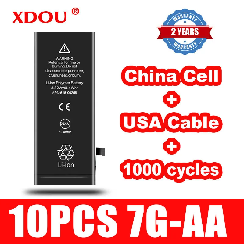 

10 шт. XDOU аккумулятор для IPhone 7 7G 1960 мАч Ремонт замены 100% Кобальт Китай ячейка США кабель 1000 циклов для Apple Iphone7 AA