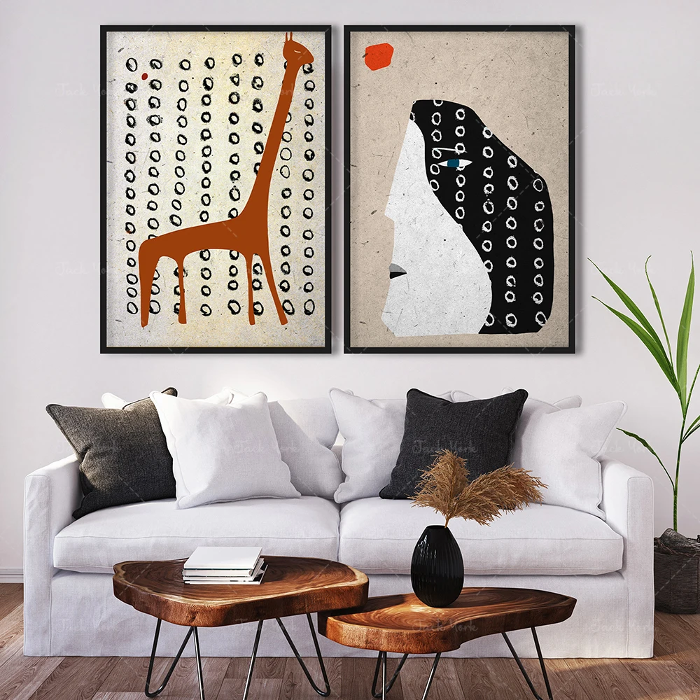 

Black and White Dots Poster, Abstract Ethno Artwork, Giraffe Drawing Tribal Set, Ethnic Figurative Art, Earth Tones Art,