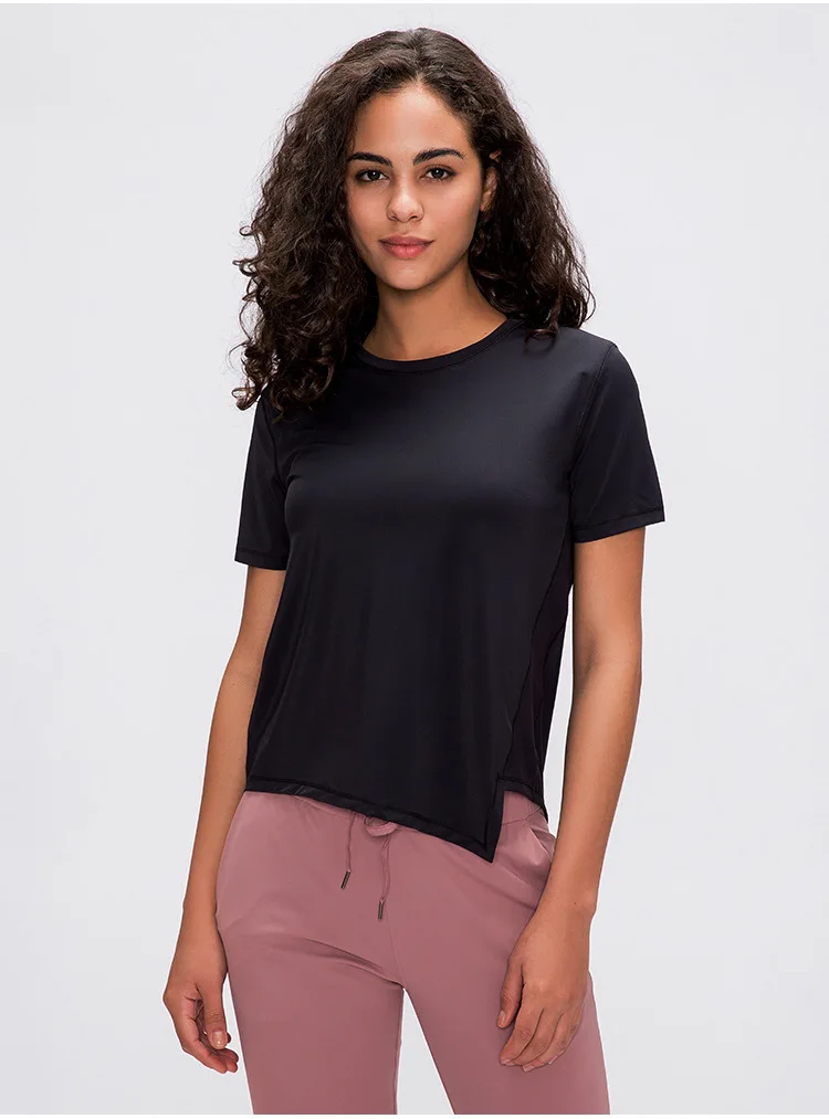 

New irregular sports short-sleeved women's loose and quick-drying fitness top mesh breathable yoga t-shirt black
