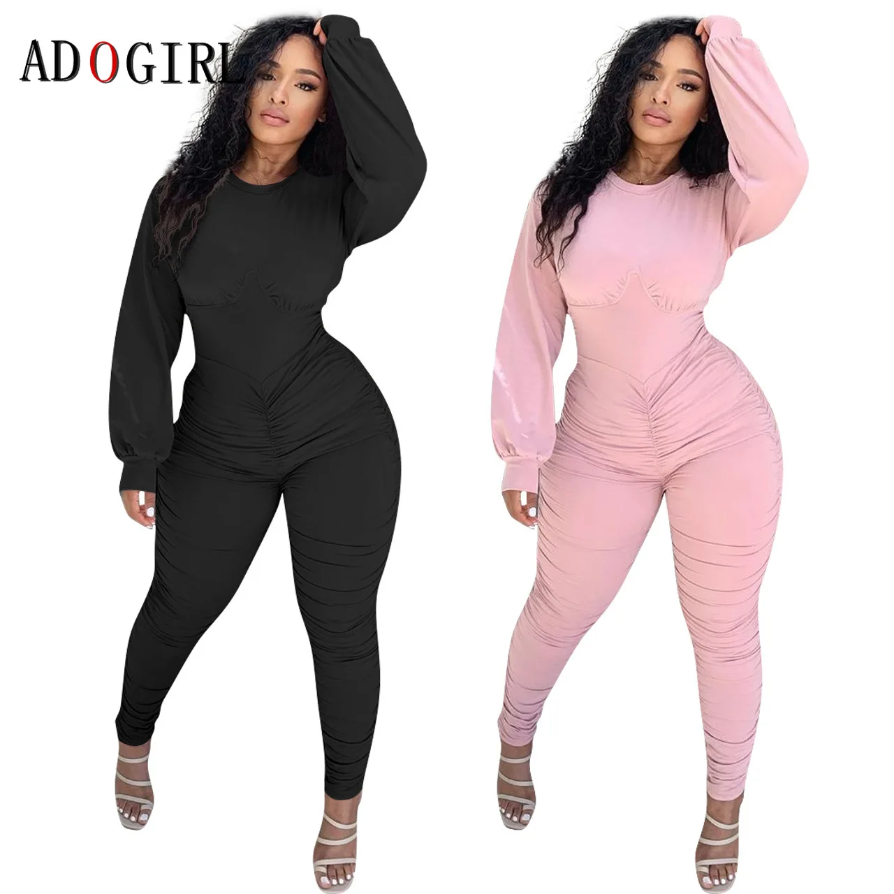 

Adogirl Solid Women Stacked Jumpsuit Workout Sporty Active Wear Bodycon Romper Casual Long Sleeve Pink Black Female Overall Plus