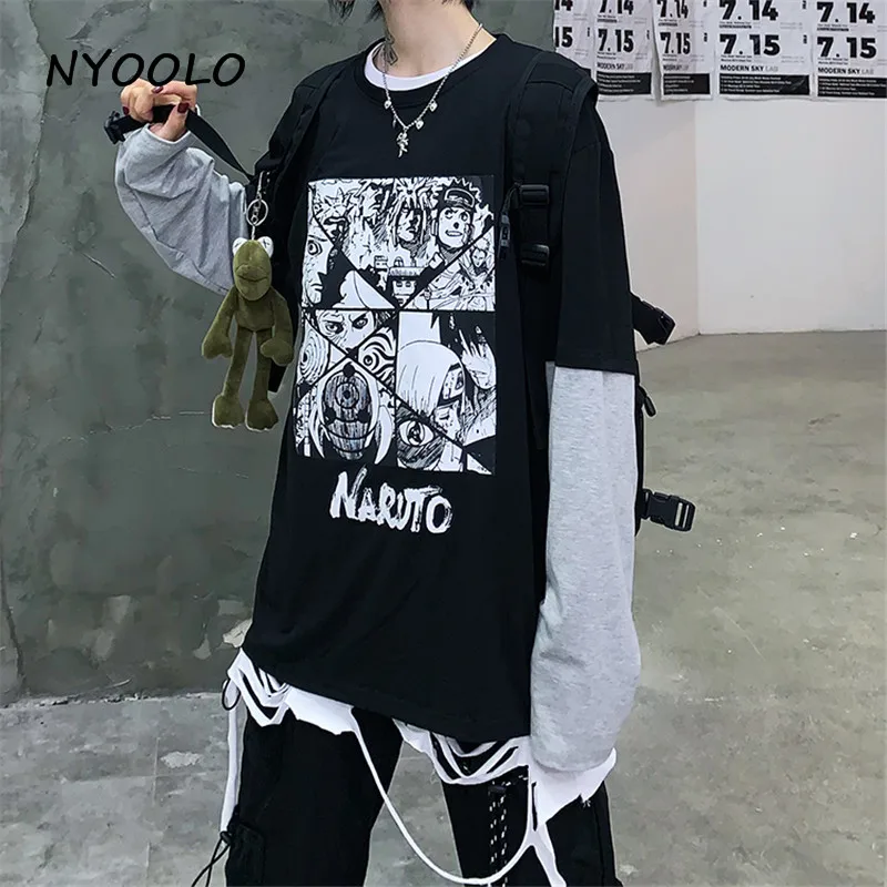 NYOOLO Harajuku Винтаж Наруто с буквенным принтом поддельные 2 шт. Лоскутная футболка осень уличная одежда с длинным рукавом Футболка для женщин и мужчин