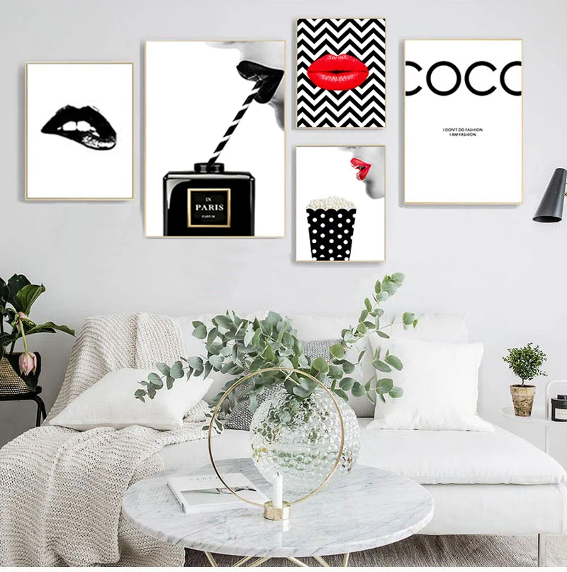 

Posters Prints Vintage Canvas Painting Black Perfume Wall Pictures For Living Room Fashion Art Couture Red lips Home Decoration