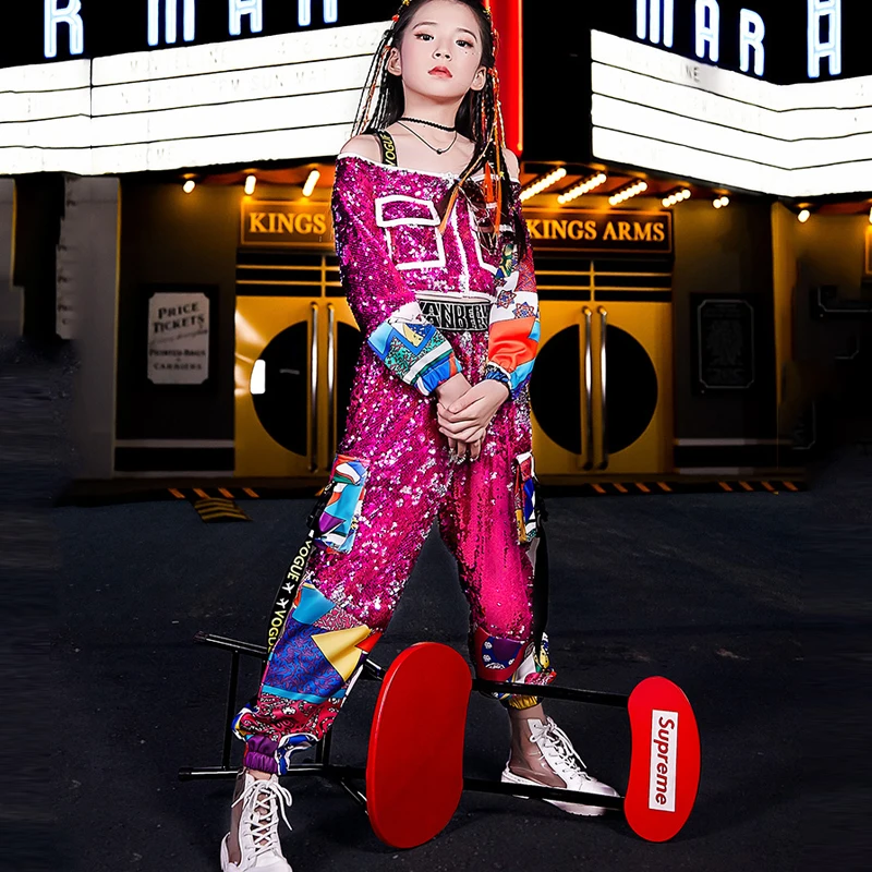 Костюм для джазовых танцев девочек блестящая одежда в стиле хип-хоп Детские