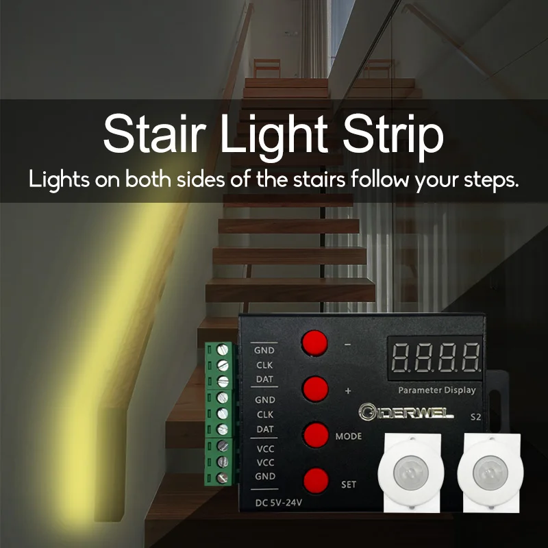 LED Stair Light Strip Motion Sensor Dimming PIR Streamline Under Cabinet DC24V Addressable LED Strip Follow Footstep Home Decor