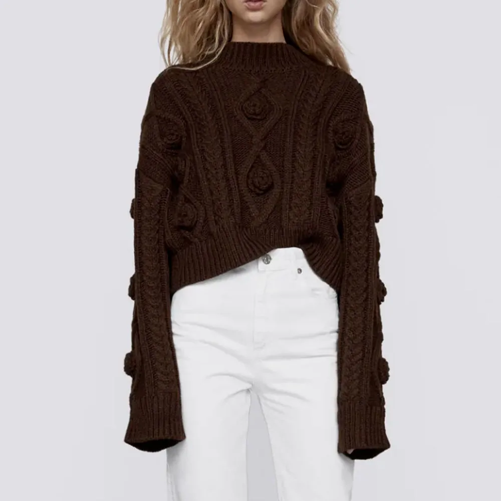 

Women 2021 New Fashion Braided Decoration Knitted Sweater Vintage O Neck Long Sleeve Female Pullovers Chic Tops