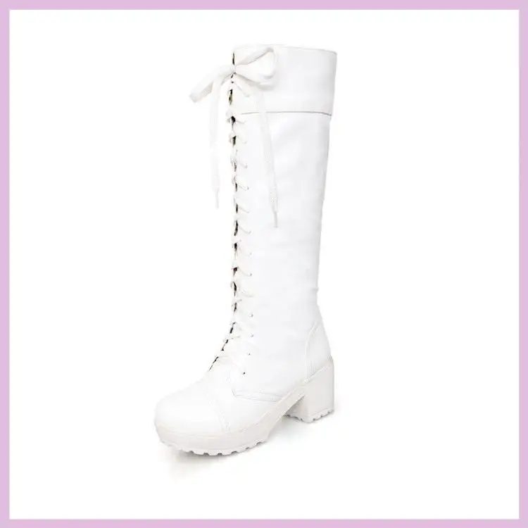 

high fitting lace up and high heel thick boots women's spring boots long white 40 large