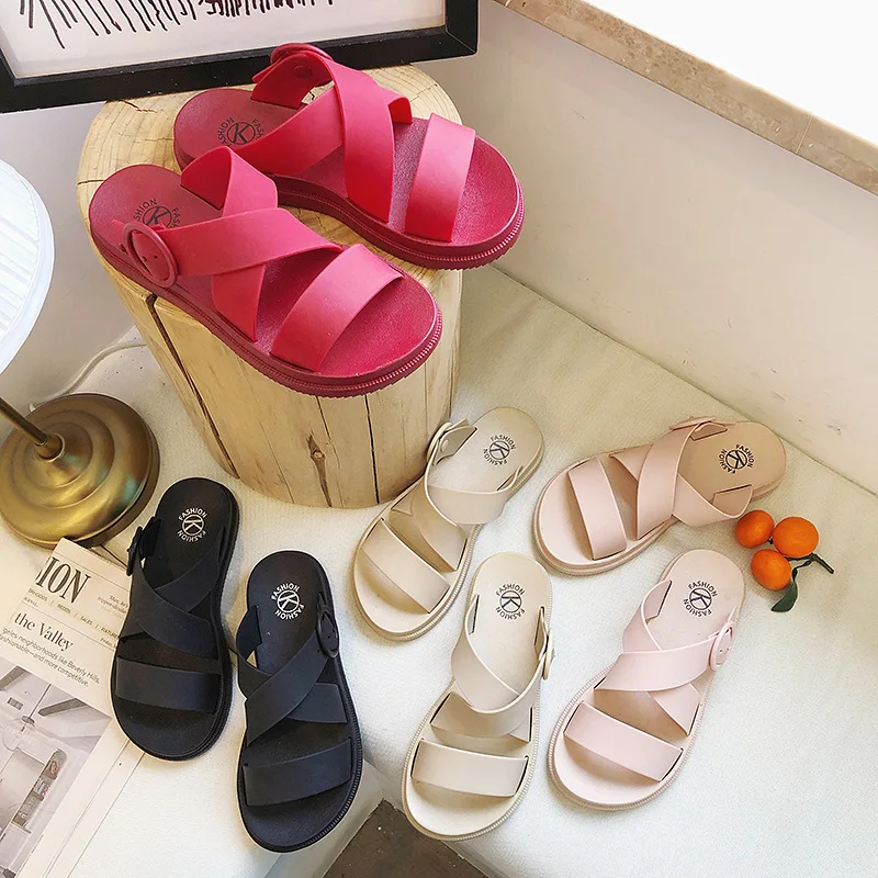 

Women Summer Pvc Slip On Thick Bottom Flat Slippers Woman Open Toe Casual Shoes Female Non Slip Slides Lady Slides