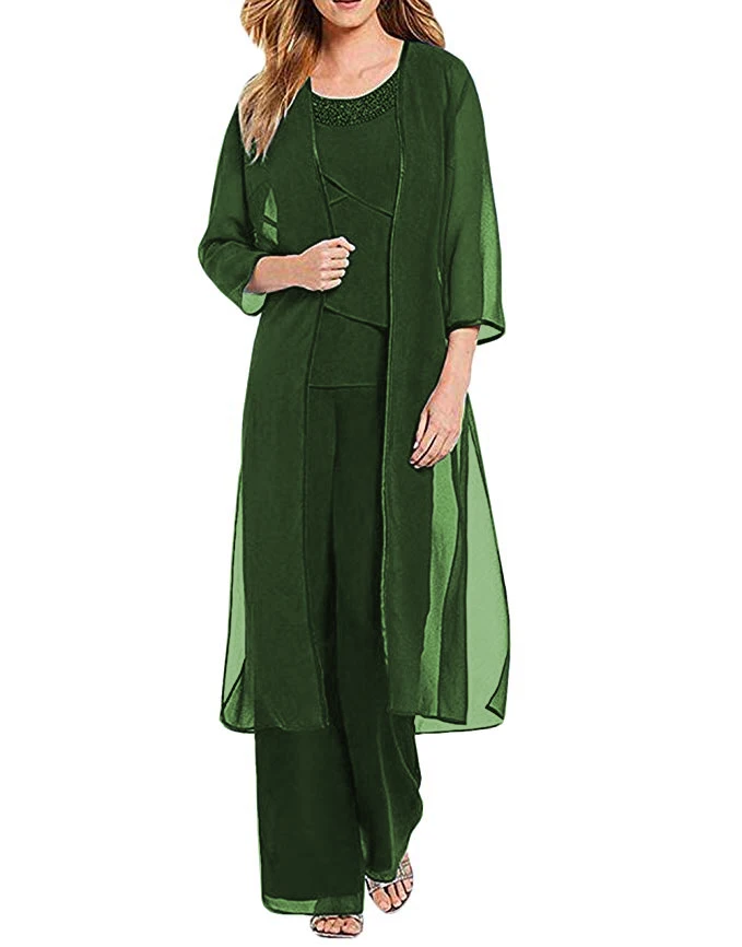 hunt green Женский комплект из 3 предметов, шифоновое платье для матери невесты, брюки, костюм с курткой, наряд с рукавами 3/4 для свадьбы - Цвет: hunt green