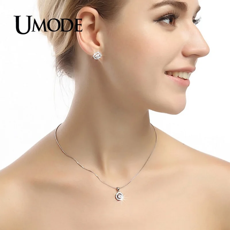 UMODE Fashion Zircon Crystal Round Hollow Pendant Necklaces for Women White Gold Long Box Chain Jewelry Collares de Moda AUN0012 | Украшения