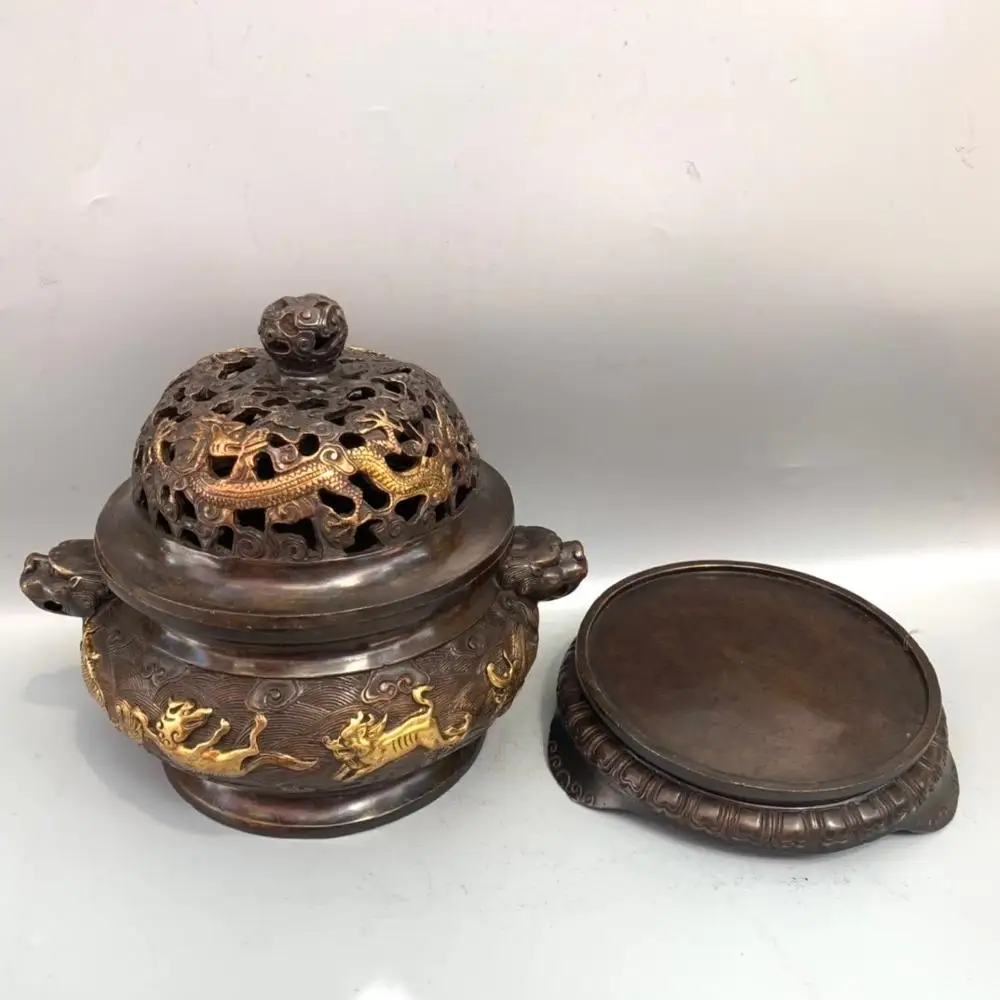 

wedding decoration Chinese antique pure copper gilt round three body sea beast dragon cover incense burner Carved dragon horse