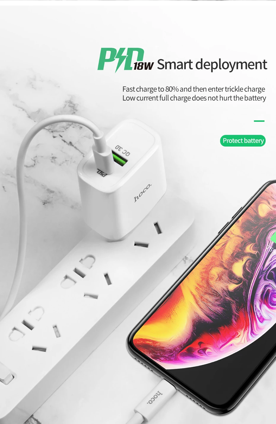 HOCO 18 Вт USB PD быстрое зарядное устройство адаптер QC3.0/2,0 быстрое зарядное устройство с type C к Lightning Кабель для быстрой зарядки