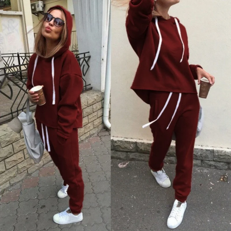 

Толстовка Женская однотонная с длинным рукавом, комплект из 2 предметов, повседневный флисовый Топ, длинные штаны, свитшот, осень