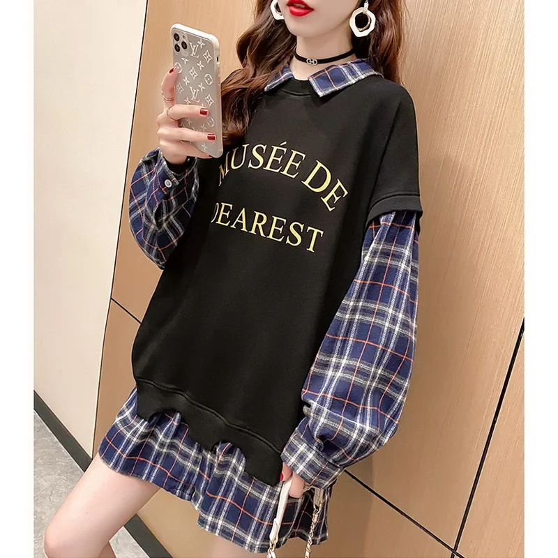 

2021 Spring Autumn Fashion Loose Stitching Fake Two Sweatshirt Lapel Casual Long Sleeve Buttons Oversized Sweatshirt