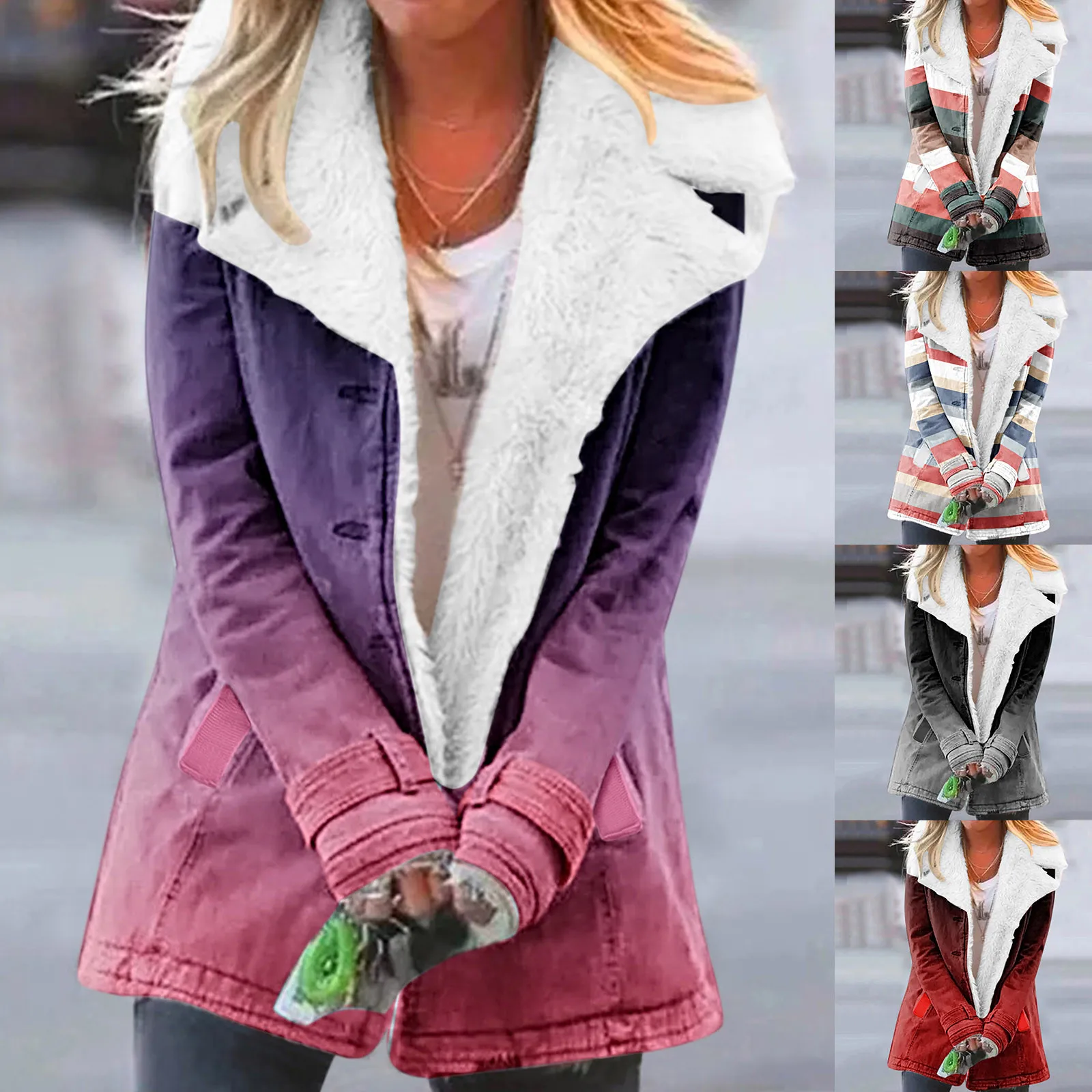 

Женская Повседневная Толстовка с капюшоном, свободные пушистые флисовые градиентные свитшоты, однобортная куртка на пуговицах с отворотом...