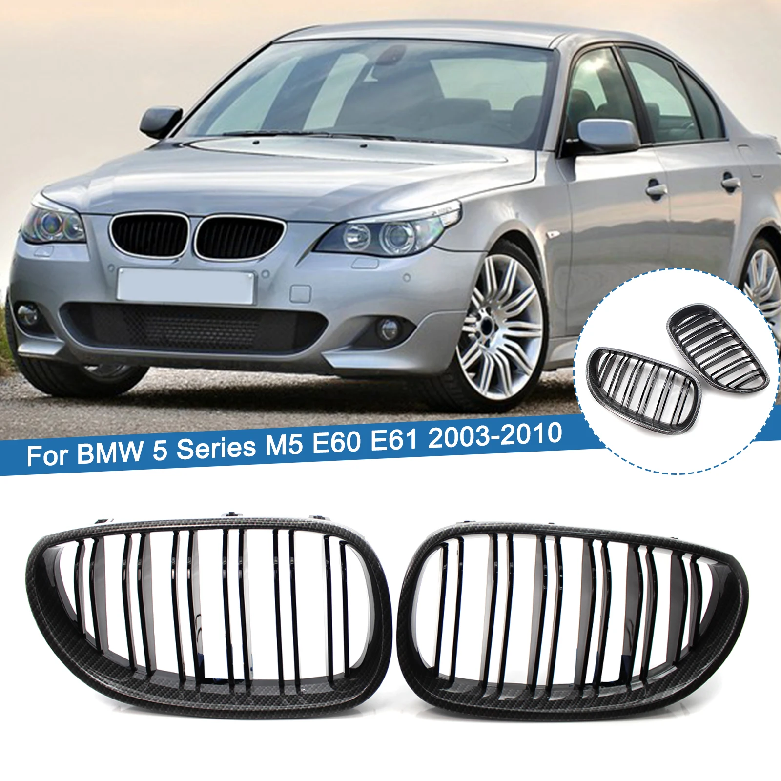 

1 Pair Carbon Fiber Look Car Front Kidney Sport Grilles Double Line Racing Grille For BMW E60 E61 5 Series Sedan M5 2004-2009