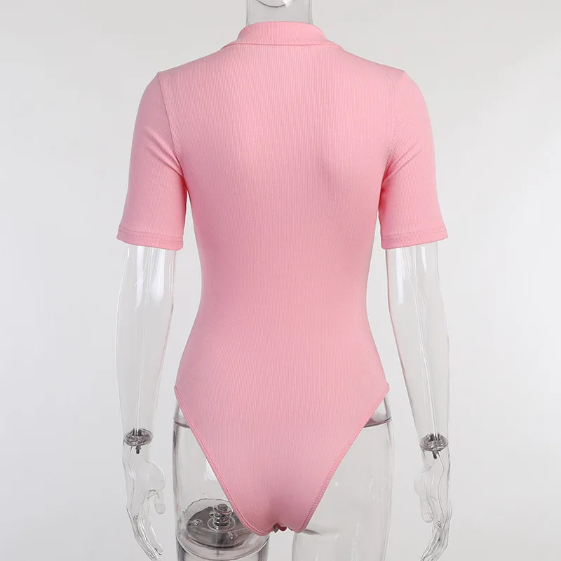 

Polo Collar Short Sleeve Bodysuit Women 2021 Summer New Fashion Sexy Slim Solid Black Jumpsuit Female Elegance Vintage SJ7993R