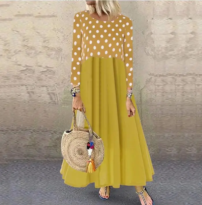 Женское винтажное платье Boho с длинным волнистым принтом рукавом и круглым