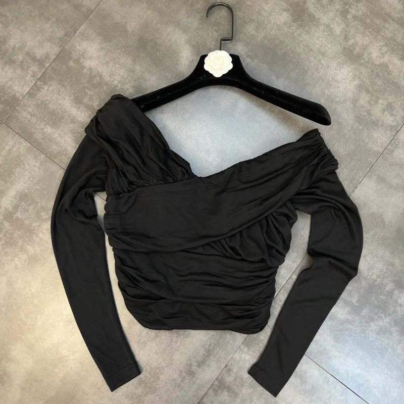 

Весна 2022, Новое поступление, женская черная плиссированная футболка PREPOMP с длинным рукавом, двойным V-образным вырезом и одним плечом GD654
