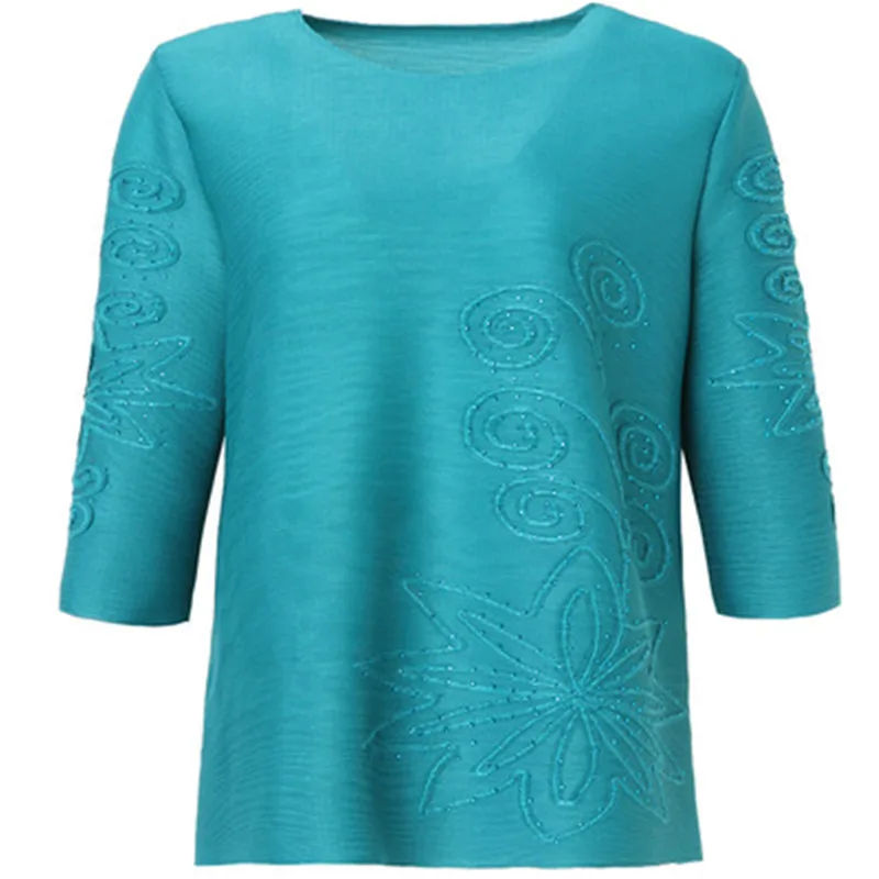 

Miyake fold plus size women's T-shirt women spring and autumn spring 2021 new design sense beaded all-match cropped top women