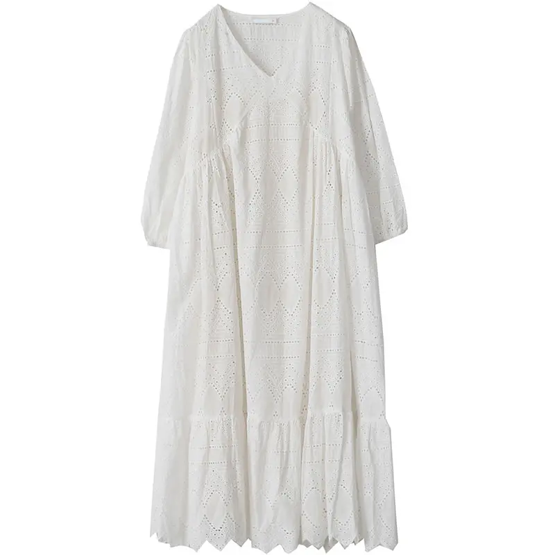 

XITAO Hook Flower Hollow V-Neck Casual Dress Female European 2021 Summer New Personality Fashion Looses Mid-Calf Dress WMD0514