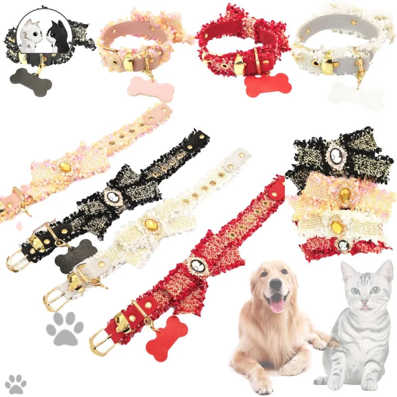 

DIY Personalise Lace Dog Collar Fashion Rhinestone Girl Puppy Cat Tag Collar Adjustable Small Medium Large Dogs Free ID Pendant