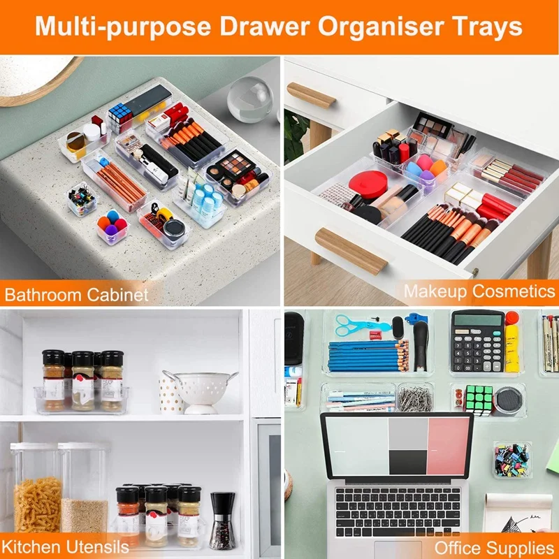 

15 Pack Desk Drawer Organizer Trays, 4 Size Drawer Dividers Makeup Organiser Set Plastic Storage Boxes for Office