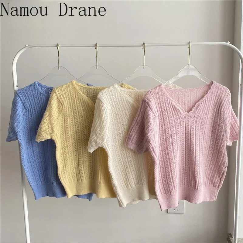 

Hollow Knitted Pullover Sweater Women 2021 Summer Short Sleeve V-neck Tops Solid Loose Korean Sweet Jumpers Femme