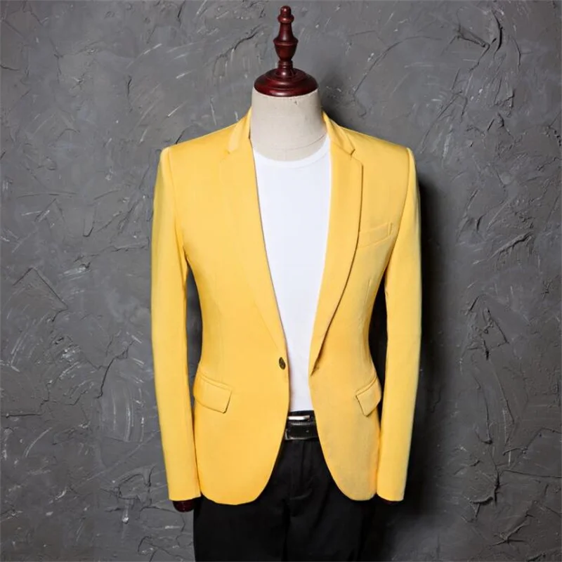 

Korean blazers men's casual suit jacket student wear single jacket yellow fashion photo studio theme costume ropa de hombre
