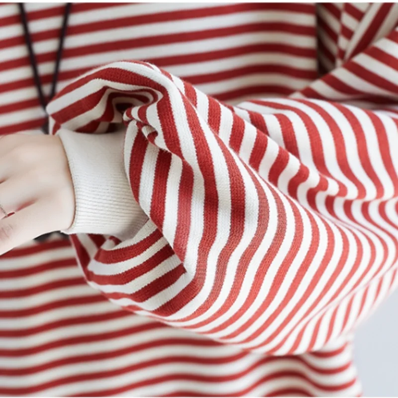 

Round Neck Striped Sweatshirt Women Fall and Winter 2021 New Loose Korean Pullover Long-sleeved Trend Large Size Fashion Top