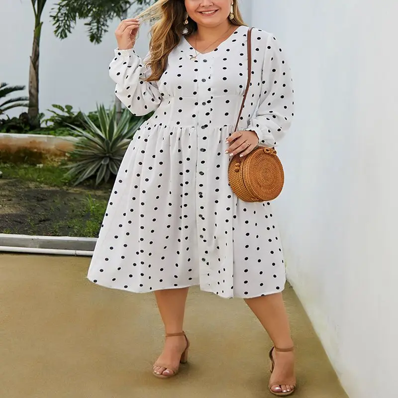 Женское платье в горошек с V образным вырезом и длинным рукавом обхват груди 127