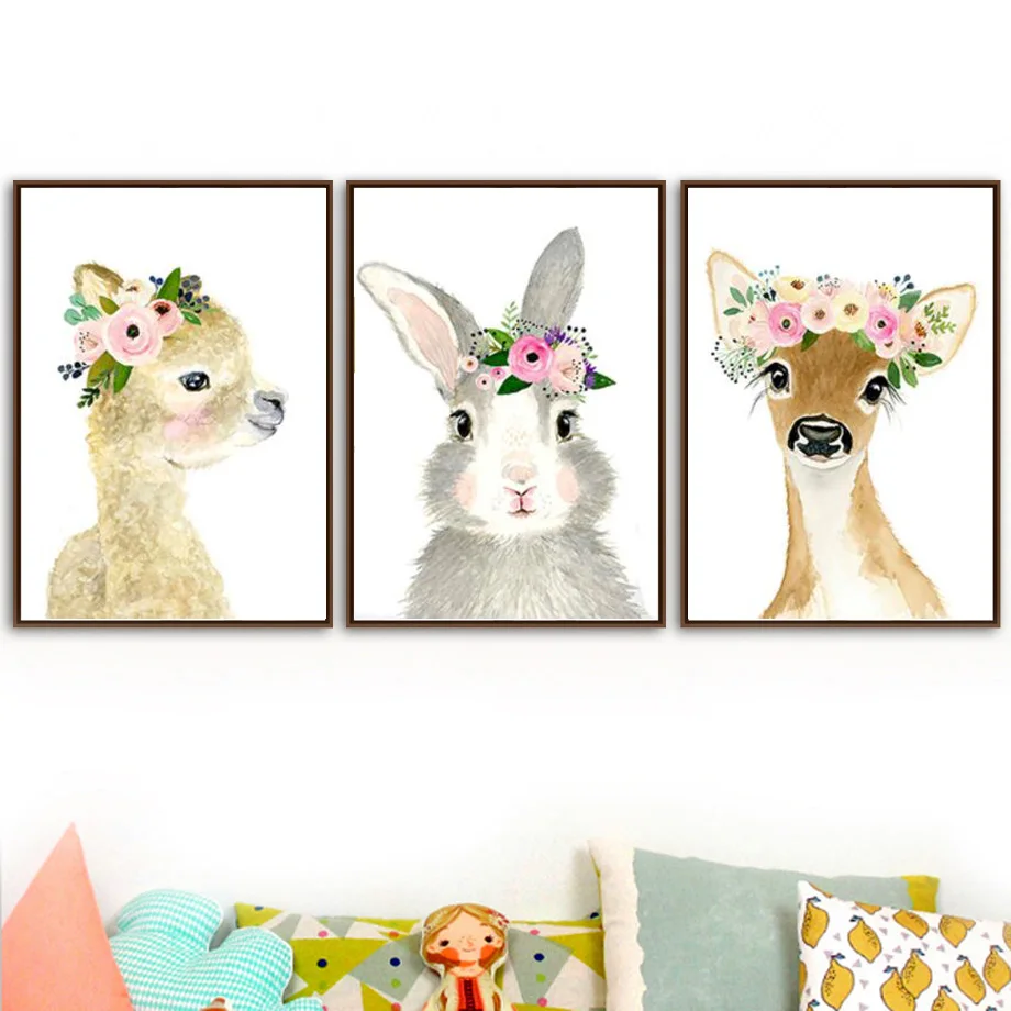 

Kawaii Rabbit Hedgehog Duck Sheep Pig Deer Baby Wall Art Canvas Painting Nordic Posters And Prints Wall Pictures Kids Room Decor