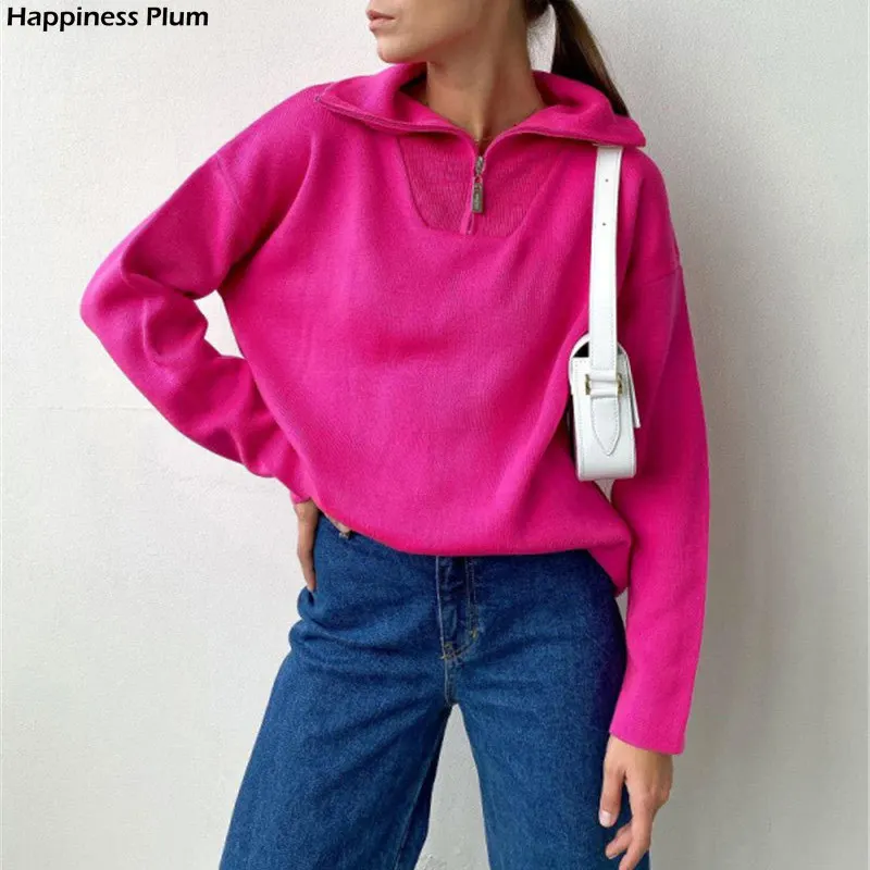 

Женский вязаный свитер на молнии, однотонный зеленый пуловер с воротником с лацканами и длинным рукавом, повседневные Джемперы для осени