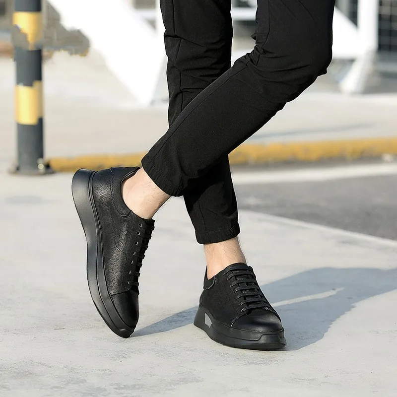 Мужские повседневные кроссовки на платформе черные массивные из натуральной