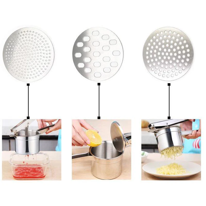 

Stainless Steel Potato Ricer with 3 Interchangeable Fineness Discs Silicone Grip Handle kitchen tools