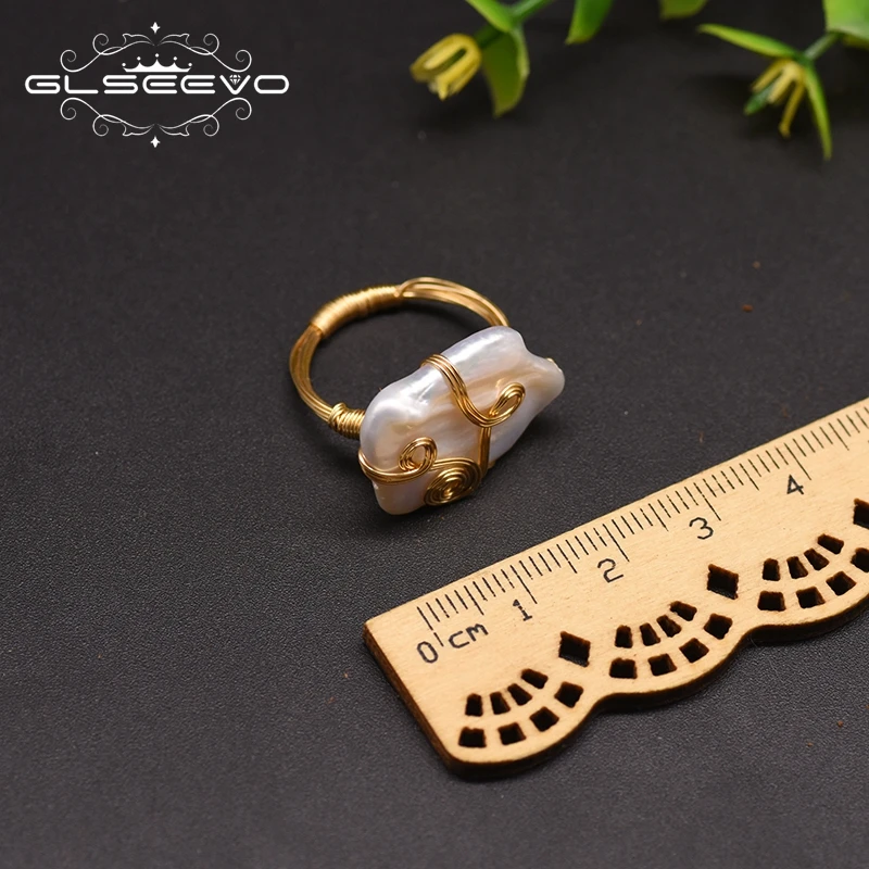 Кольцо GLSEEVO женское с натуральным белым квадратным барочным жемчугом ручной