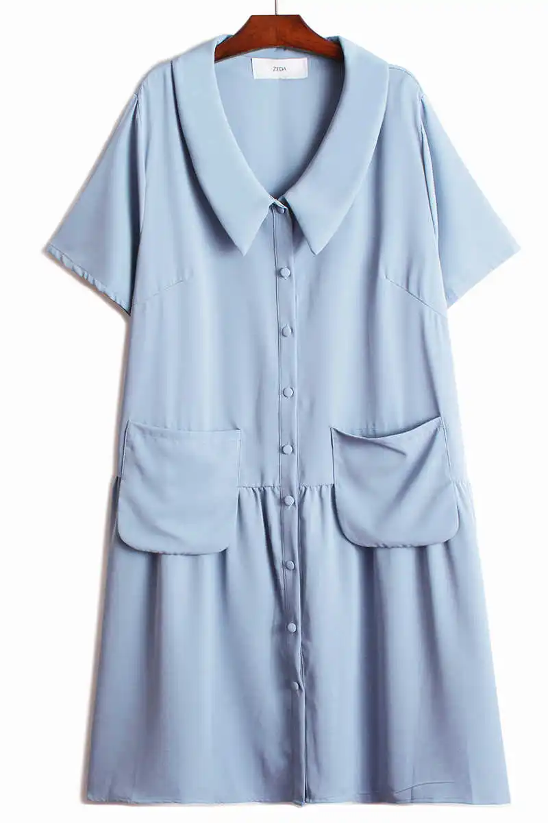 

IEQJ 2021 new summer clothes fashion women tide turn-down collar short sleeves pocket soild color single breasted shirt dress